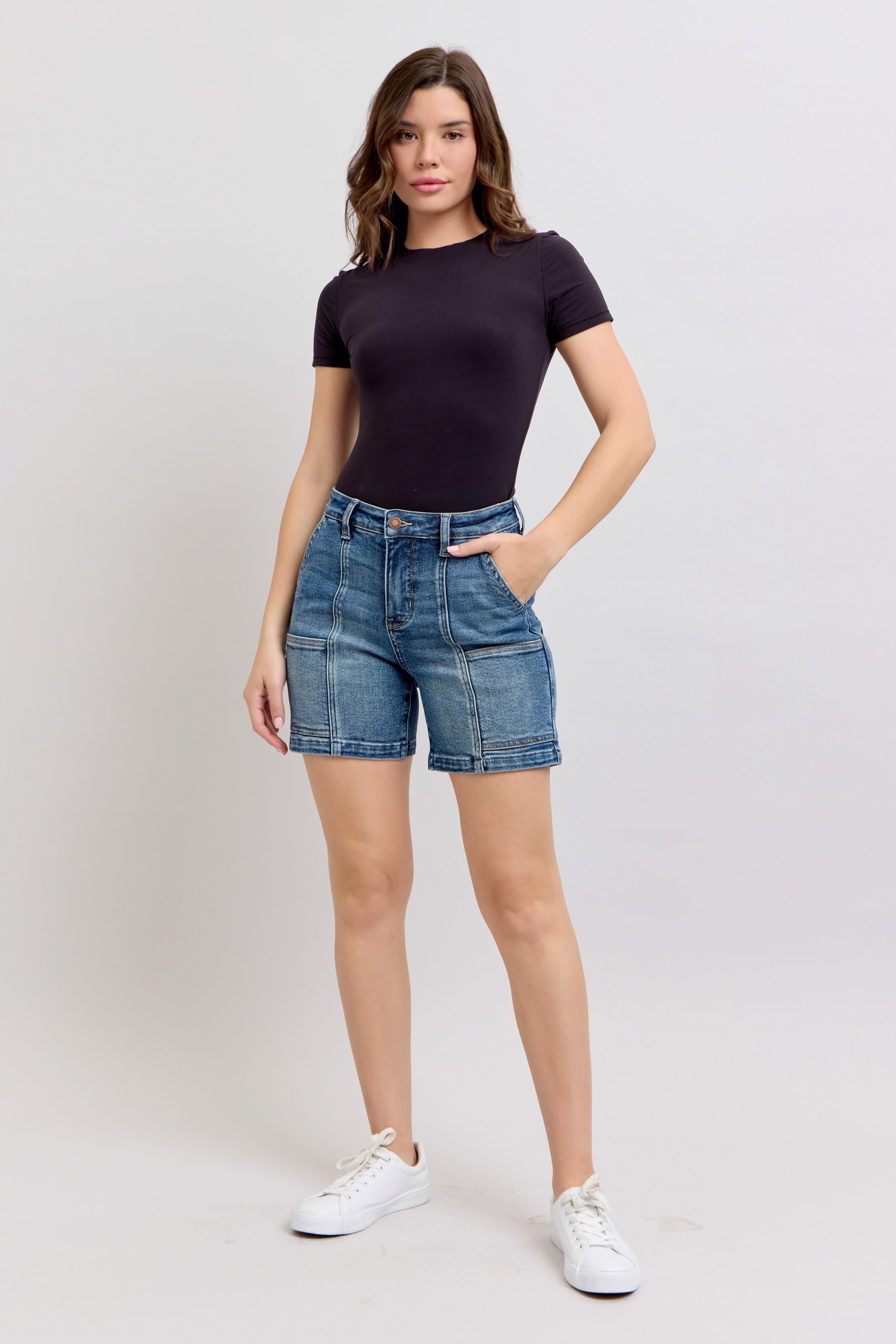 High Waisted Utility Pockets Mid Length Shorts