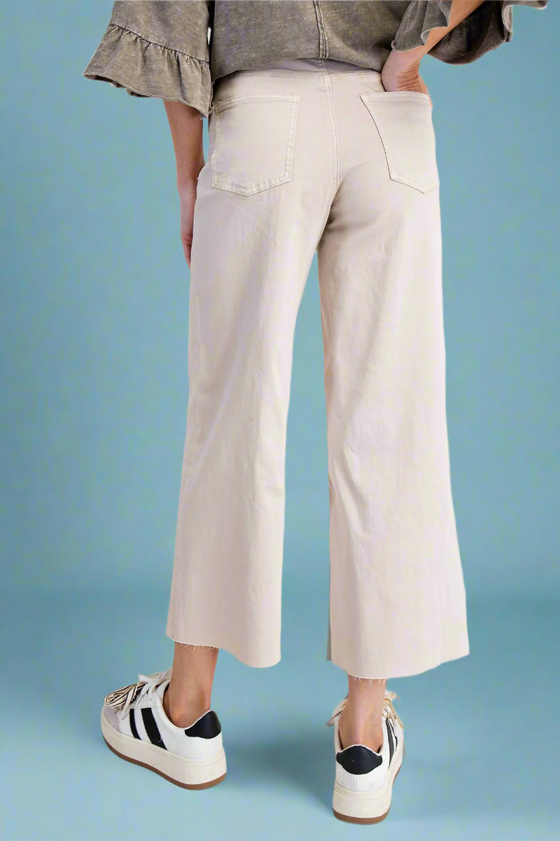 Wide Leg Raw Hem Button Pants - Ecru