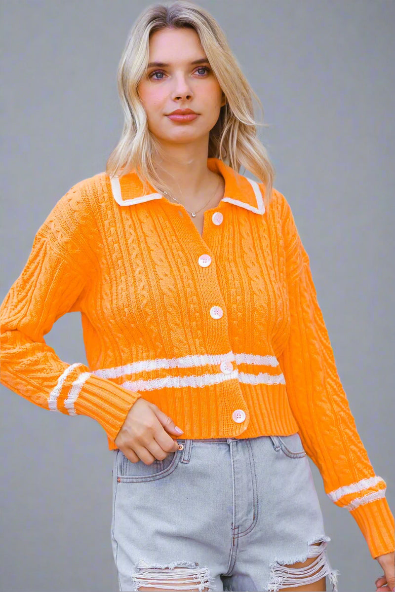 Button Down Cable Cardigan - Orange
