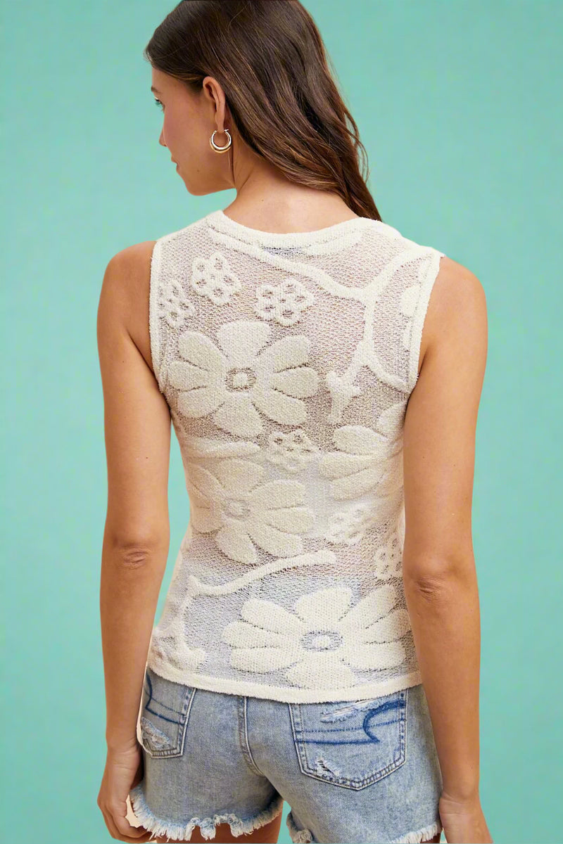 Floral Jacquard Sheer Sweater Tank - Ivory