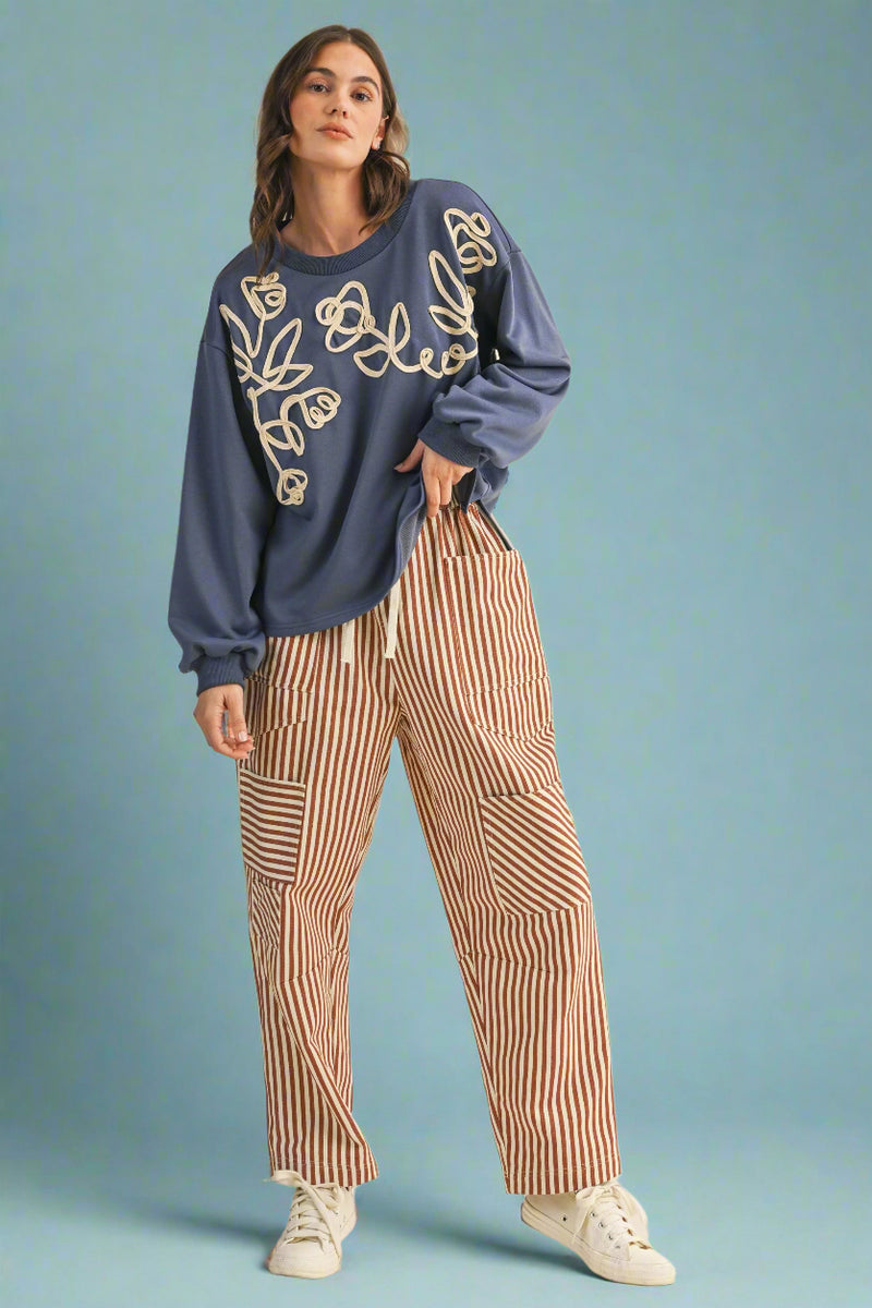 Stripe Patchwork Barrel Leg Pant - Camel