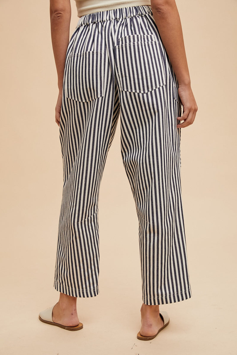 Stripe Patchwork Barrel Leg Pant - Navy