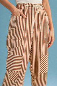 Stripe Patchwork Barrel Leg Pant - Camel
