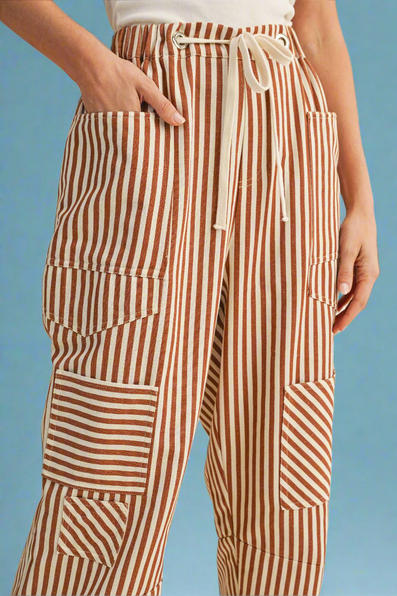 Stripe Patchwork Barrel Leg Pant - Camel