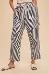 Stripe Patchwork Barrel Leg Pant - Navy