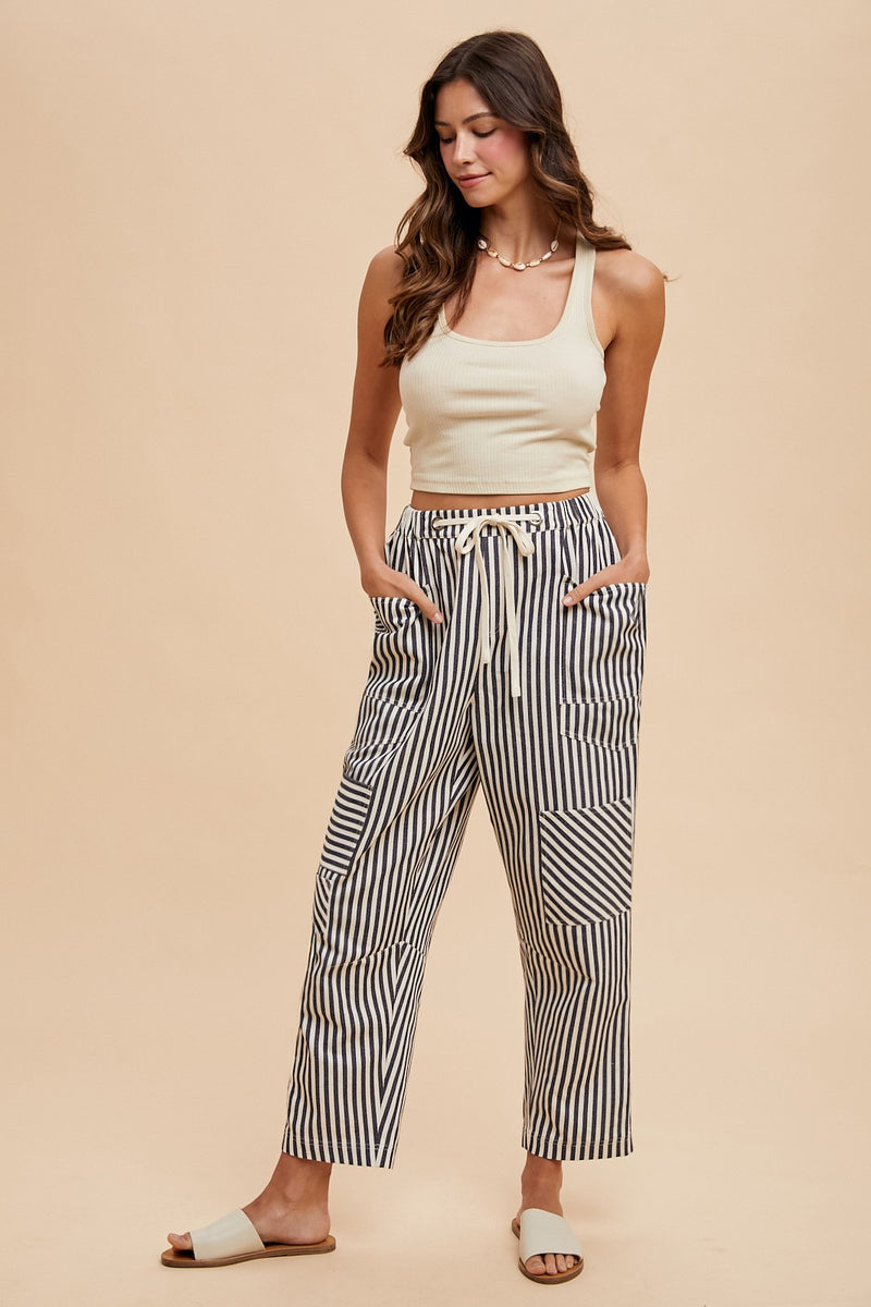 Stripe Patchwork Barrel Leg Pant - Navy
