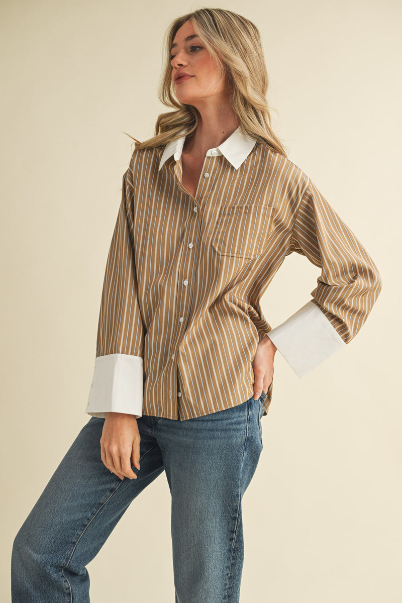 Striped Wide Cuff Button Down Shirt