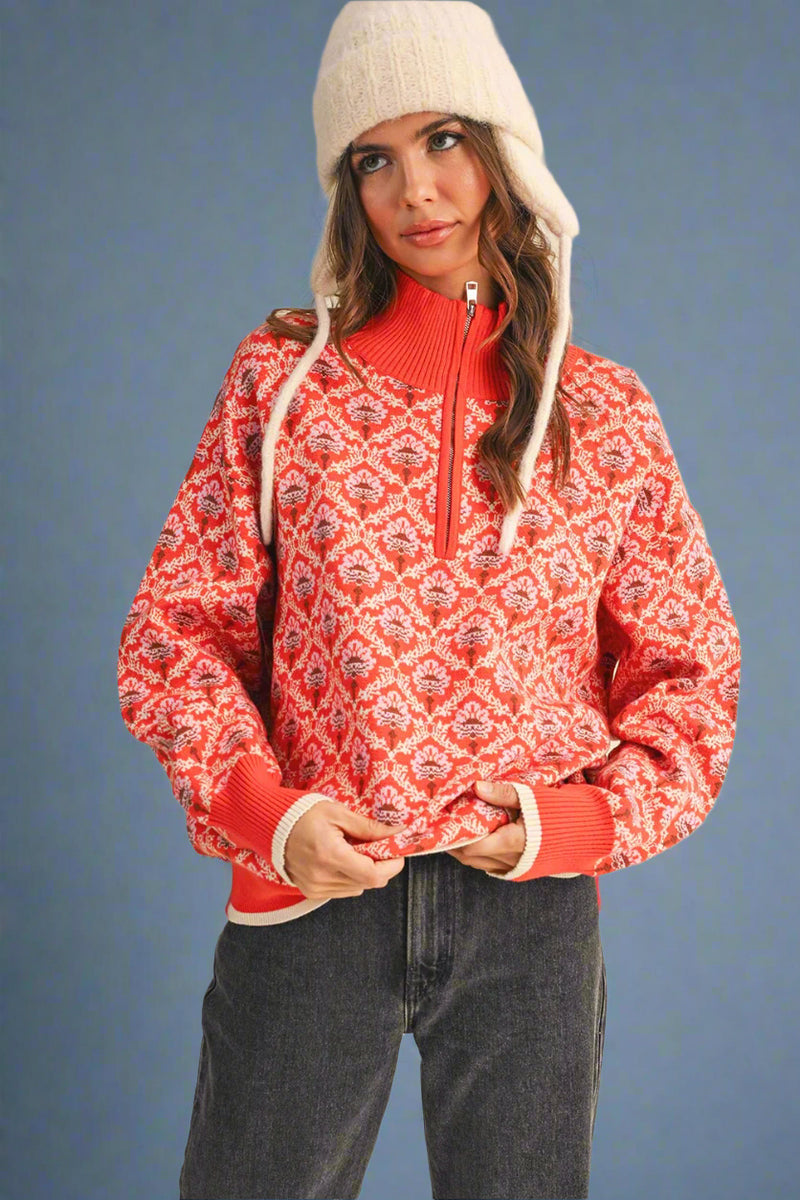 Half Zip Floral Sweater - Red