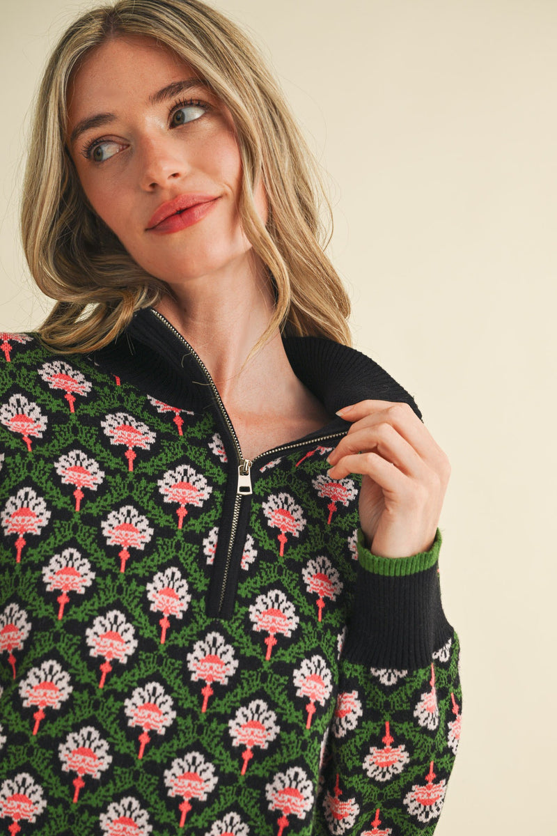Half Zip Floral Sweater - Black