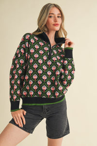 Half Zip Floral Sweater - Black