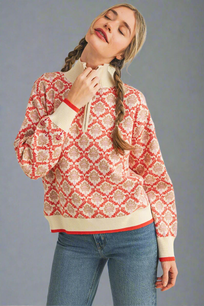 Half Zip Floral Sweater - Cream