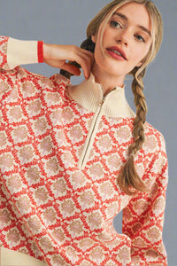 Half Zip Floral Sweater - Cream