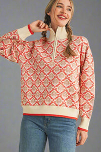 Half Zip Floral Sweater - Cream