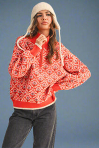 Half Zip Floral Sweater - Red