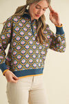 Half Zip Floral Sweater - Blue