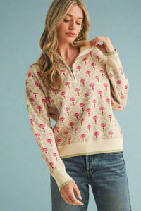 Half Zip Floral Sweater - Oat