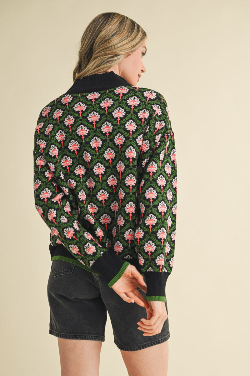 Half Zip Floral Sweater - Black