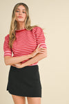 Striped Pointelle Puff Sleeve Sweater - Red