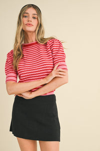 Striped Pointelle Puff Sleeve Sweater - Red