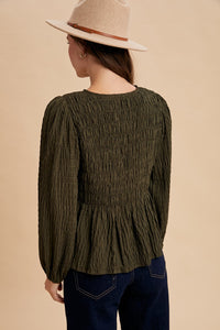 Smocking Detail Tie Front Blouse - Olive