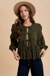 Smocking Detail Tie Front Blouse - Olive