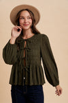 Smocking Detail Tie Front Blouse - Olive