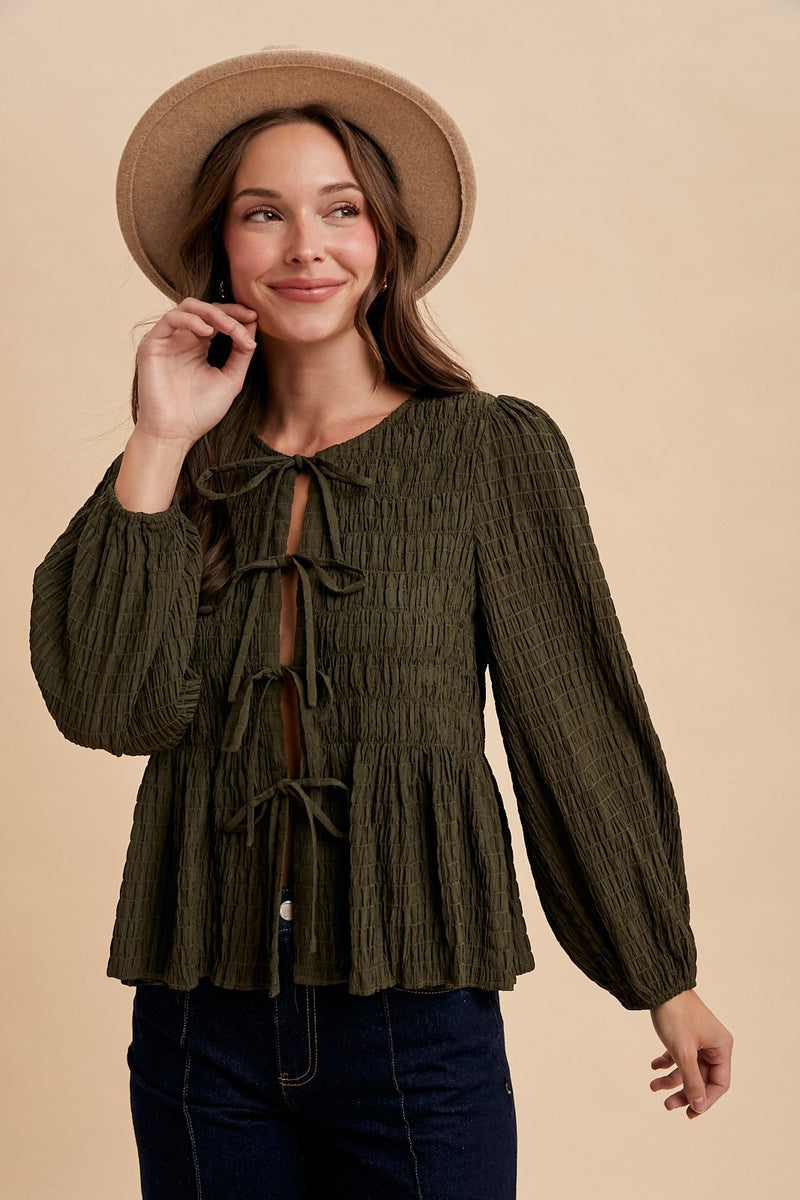 Smocking Detail Tie Front Blouse - Olive