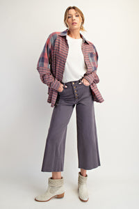 Wide Leg Raw Hem Button Pants - Ash Grey