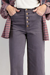 Wide Leg Raw Hem Button Pants - Ash Grey