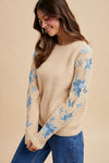 Floral Embroidered Sleeve Rib Sweater