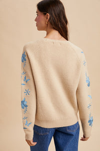 Floral Embroidered Sleeve Rib Sweater