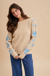 Floral Embroidered Sleeve Rib Sweater