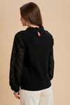 Lace Sleeve Rib Sweater Top - Black