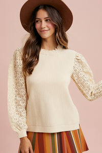 Lace Sleeve Rib Sweater Top - Cream