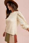 Lace Sleeve Rib Sweater Top - Cream