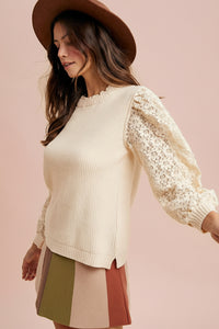 Lace Sleeve Rib Sweater Top - Cream
