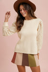 Lace Sleeve Rib Sweater Top - Cream
