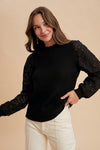 Lace Sleeve Rib Sweater Top - Black