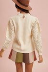 Lace Sleeve Rib Sweater Top - Cream