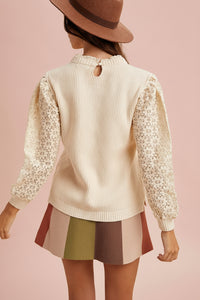Lace Sleeve Rib Sweater Top - Cream
