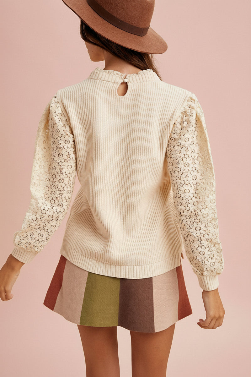 Lace Sleeve Rib Sweater Top - Cream