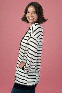 Oversized Striped Button Top - Ivory