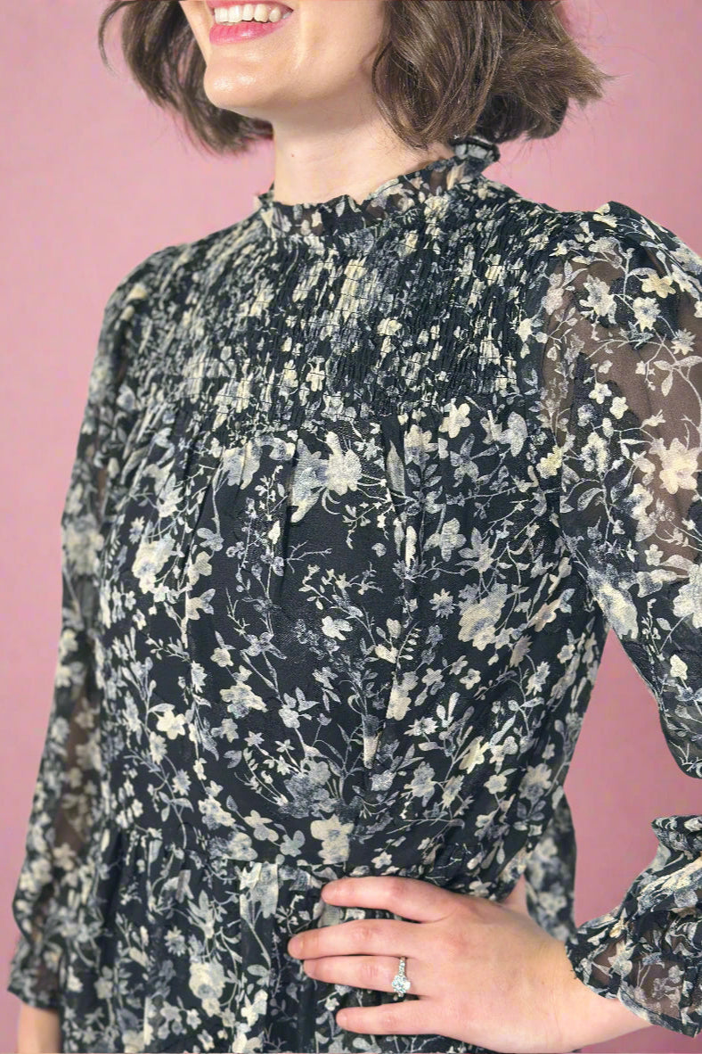 Floral Smocked Yoke Tiered Dress - Black