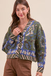 Paisley Knit Sweater Cardigan - Olive