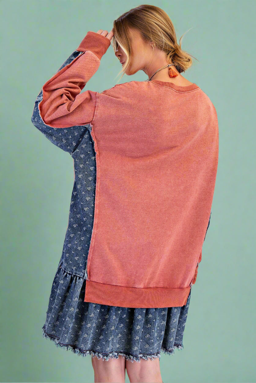 denim pullover dress Rosumi Plus Size Women's Round Neck Pullover Denim Effect-Look Dress