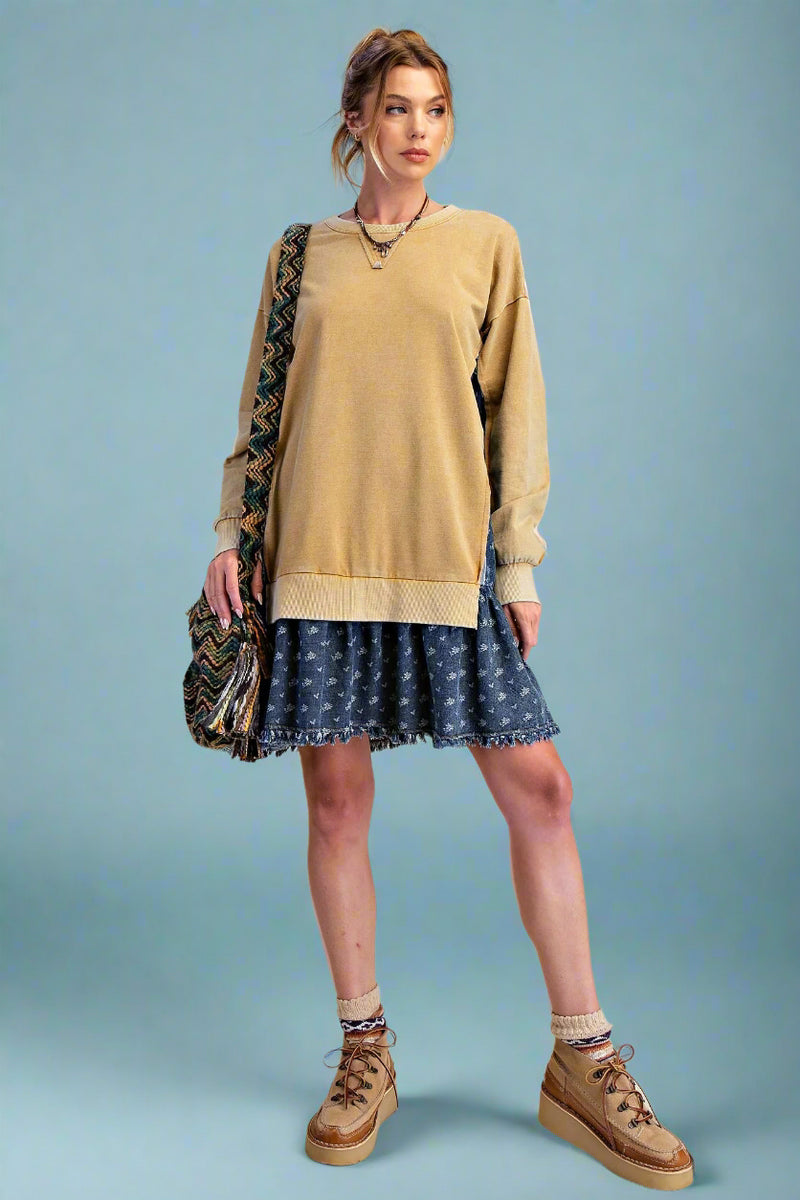 Pullover With Denim Bottom Dress - Mustard