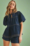 Contrast Stitching Detail Tiered Denim Top