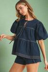 Contrast Stitching Detail Tiered Denim Top
