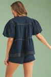 Contrast Stitching Detail Tiered Denim Top