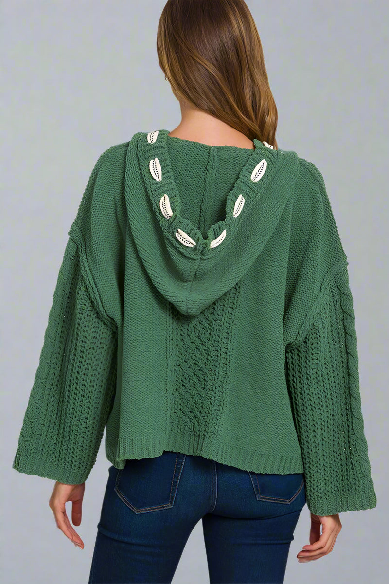 Cable Drawstring Hooded Sweater - Green